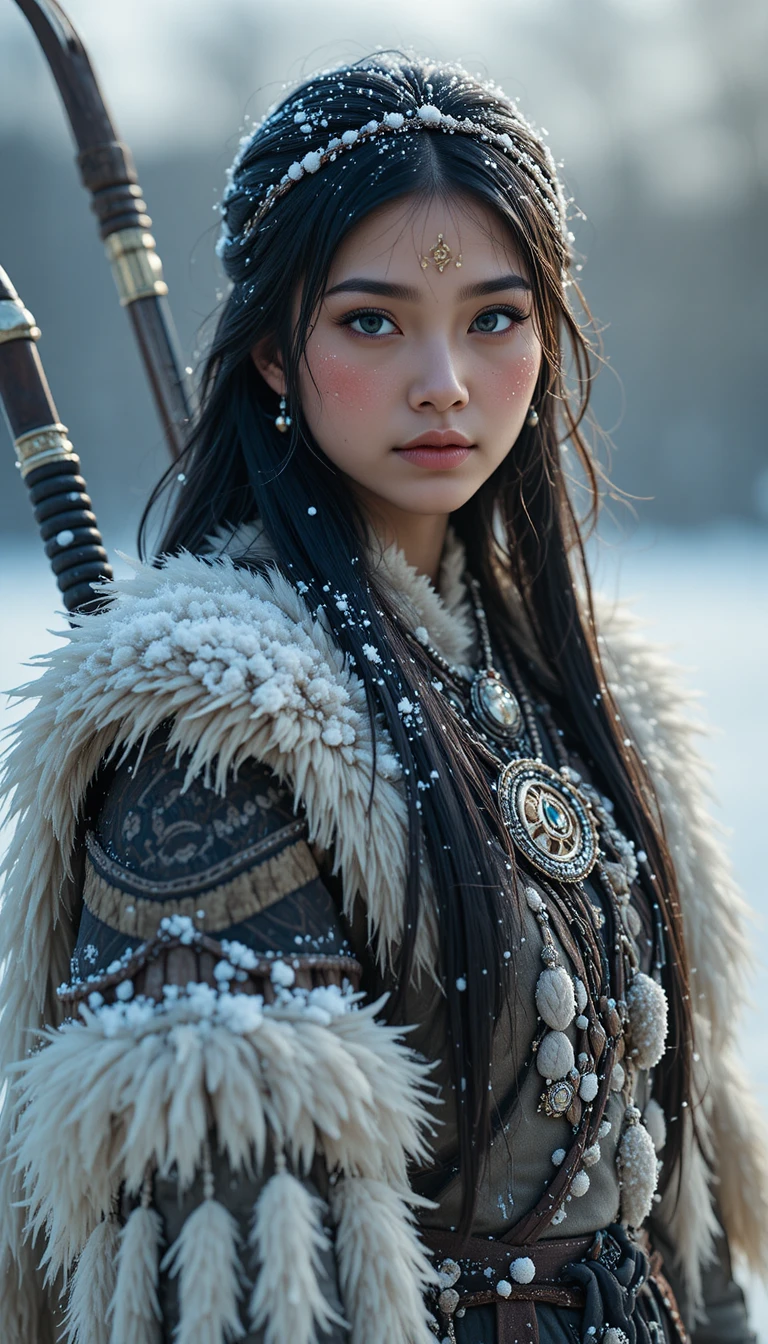 雪の冬の戦場に立つネイティブアメリカンの女戦士