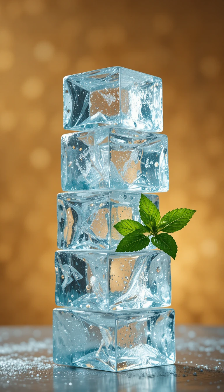 Stacked Ice Cubes With Mint Leaves On Amber Background