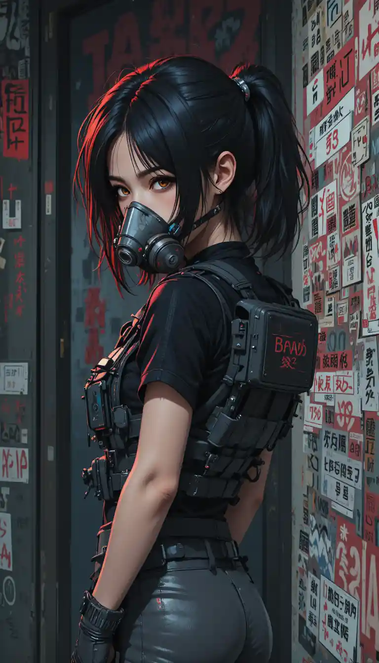 Cyberpunk anime girl in respirator before graffiti wall