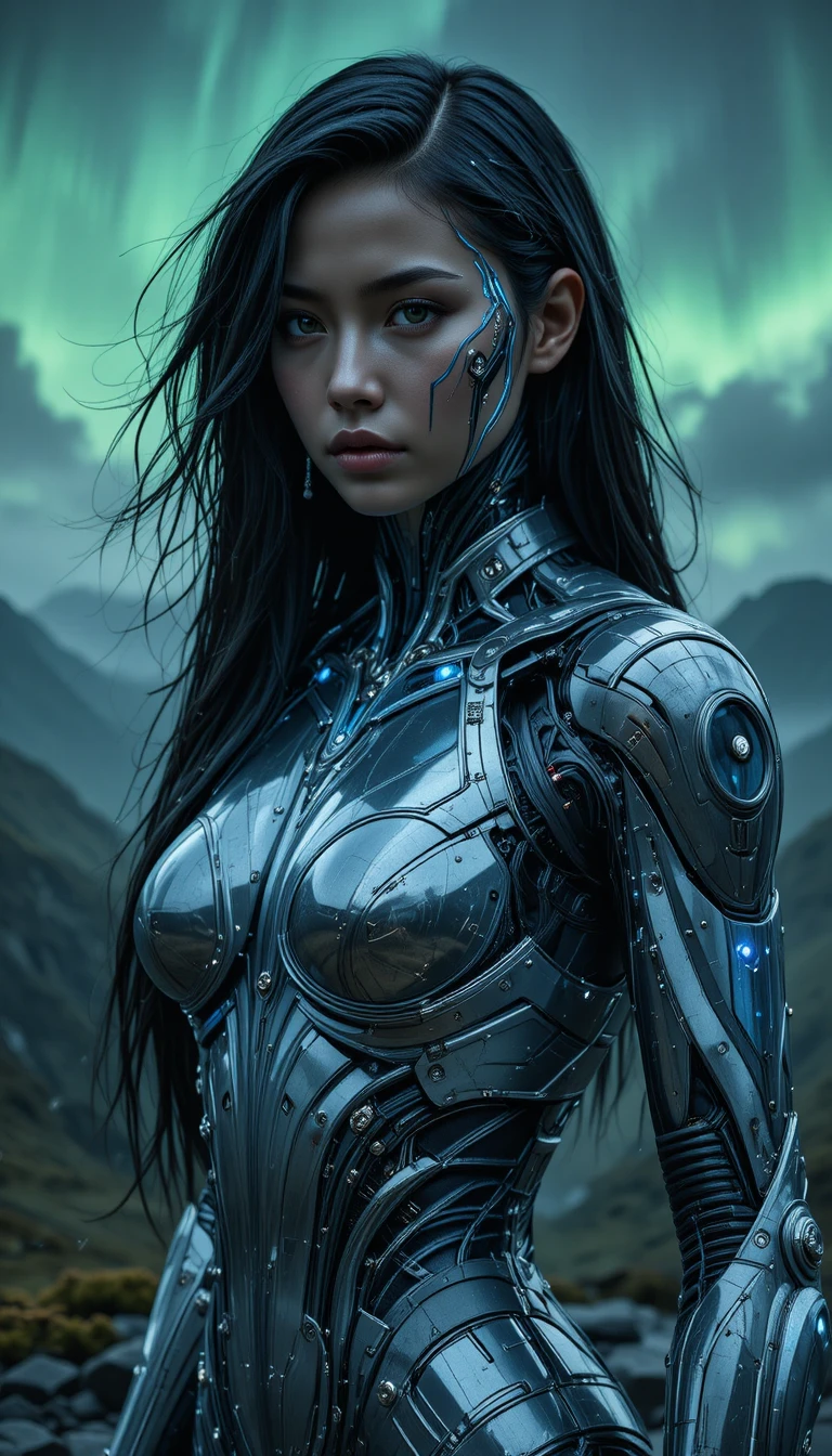 Tall cybernetic woman on a stormy highland cliff
