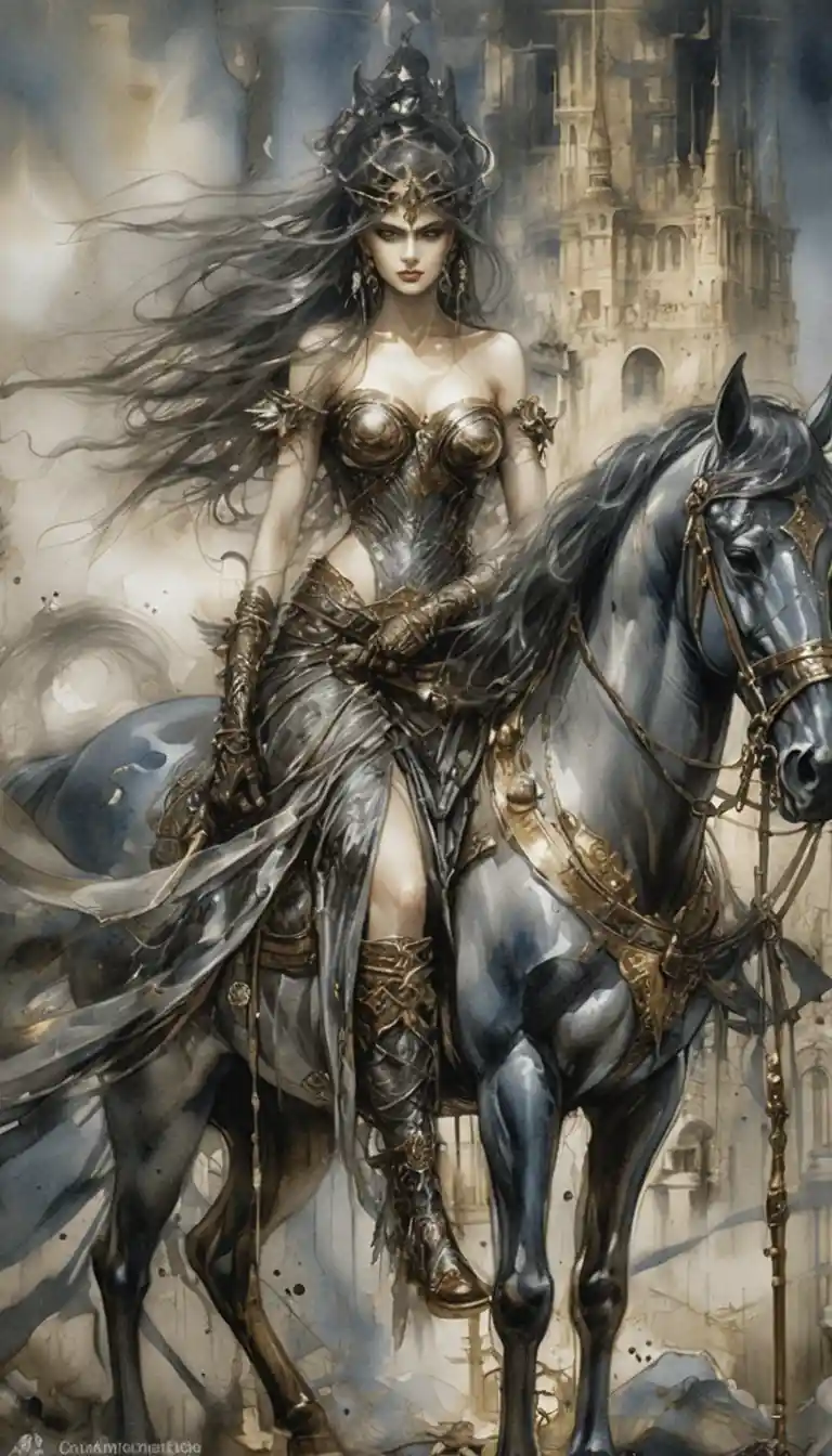 Dark fantasy warrior queen on horseback in misty ruins