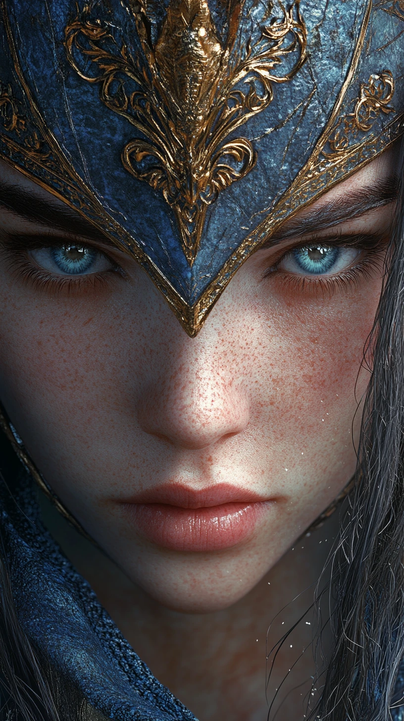 Fierce female warrior portrait in ornate blue and gold helm
