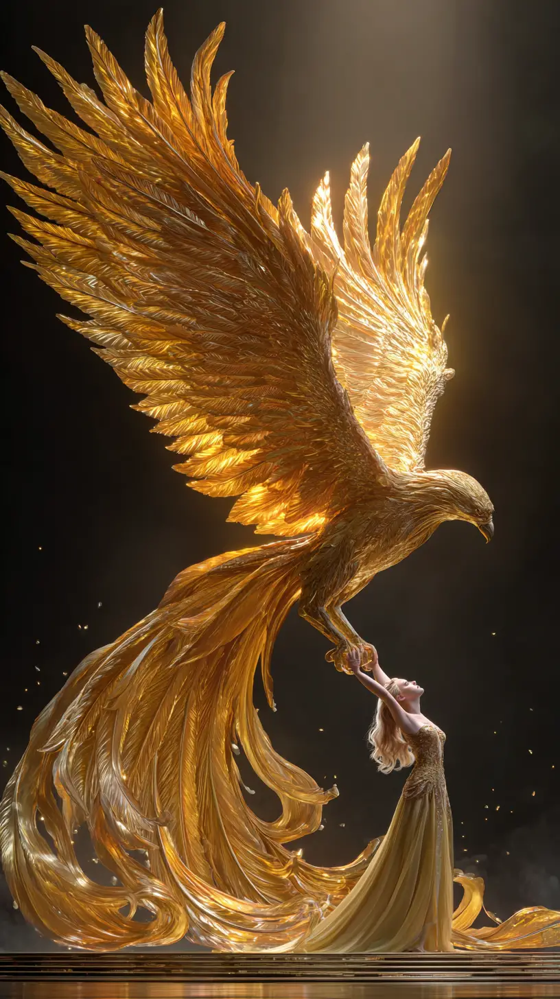 Colossal golden phoenix hovering above a surrendering woman