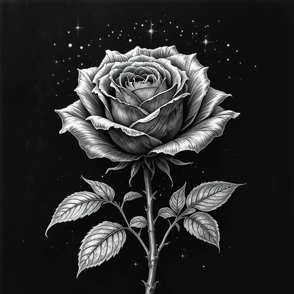 Dark engraved rose surrounded by subtle cosmic starlight