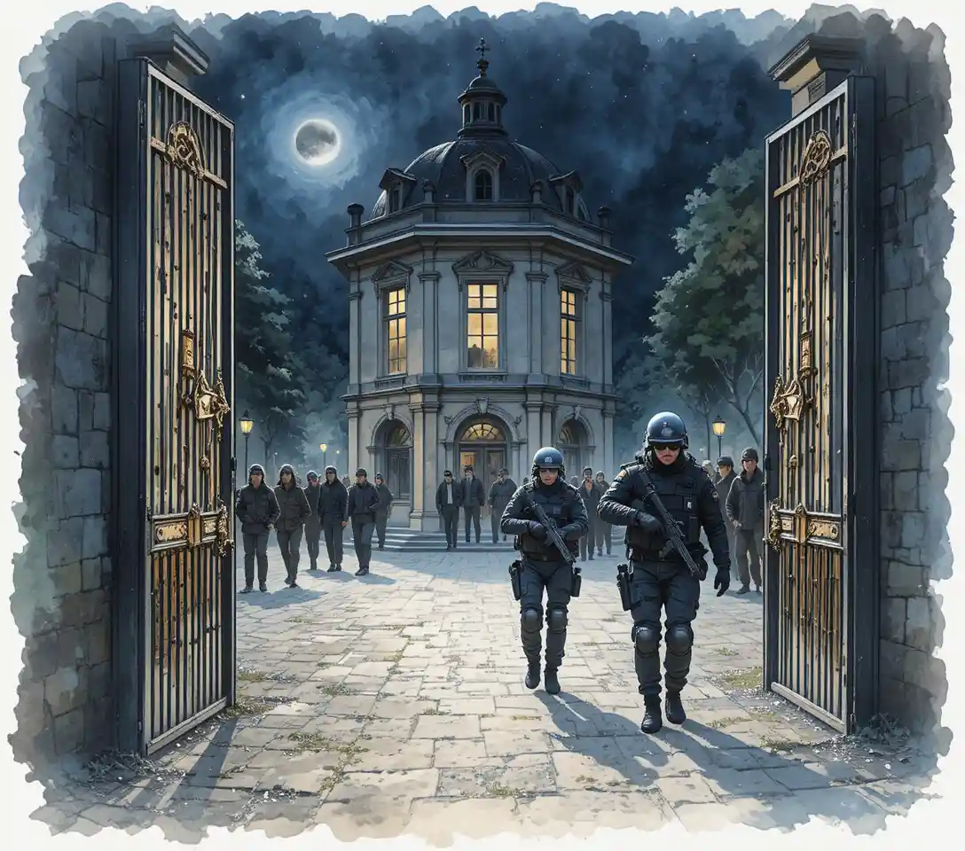Armed soldiers enter a dim urban courtyard at night