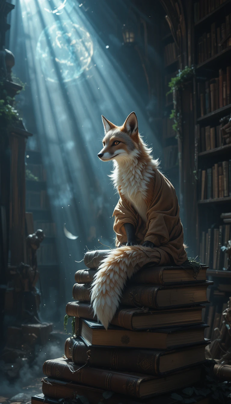 Zorro místico sobre libros antiguos en una biblioteca sombría