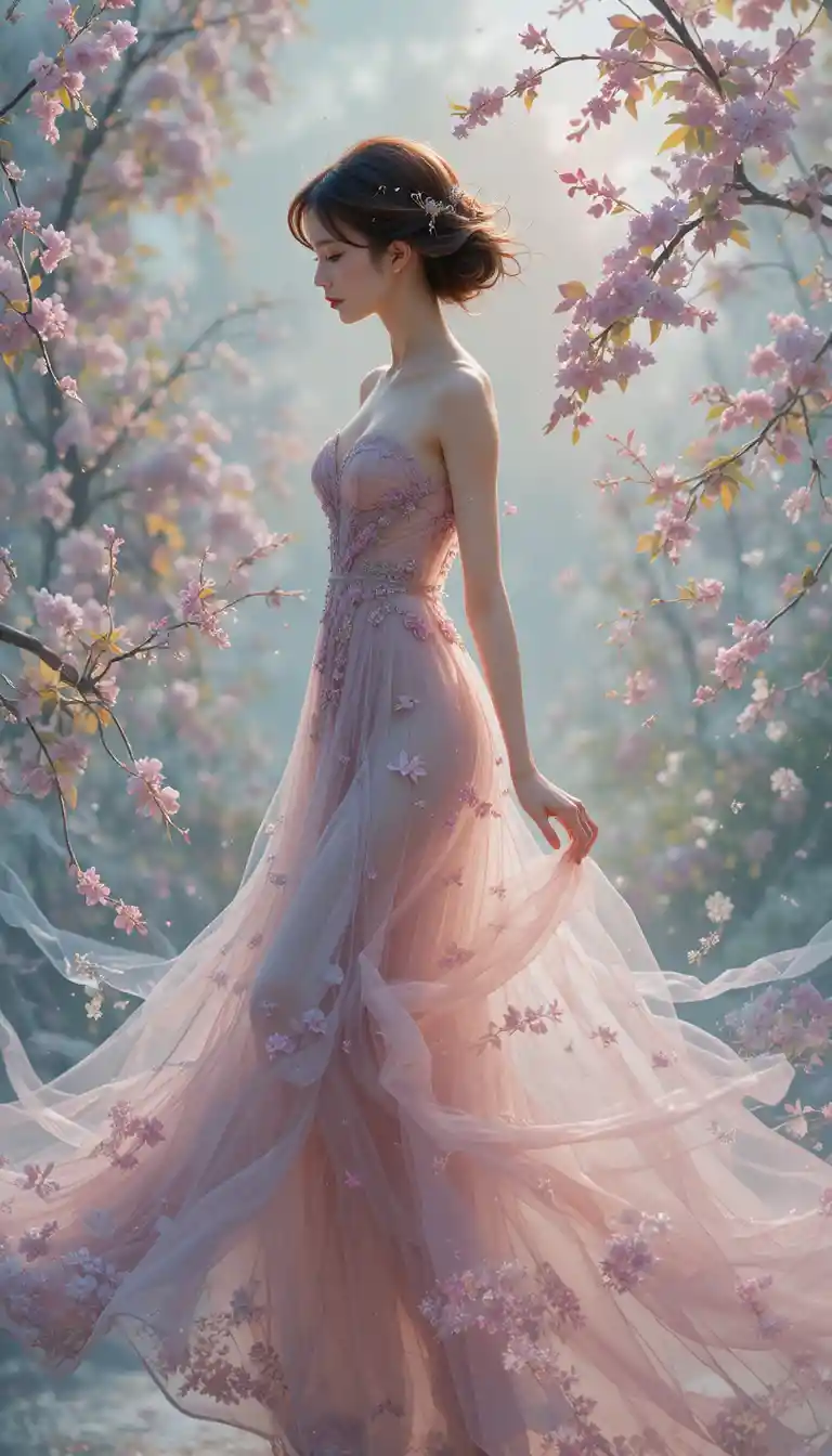 Elegante silhouette femminile in abito di organza fluente in line art