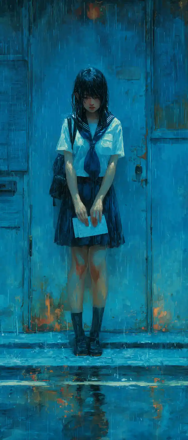 Chica de escuela anime triste llorando sola bajo la lluvia
