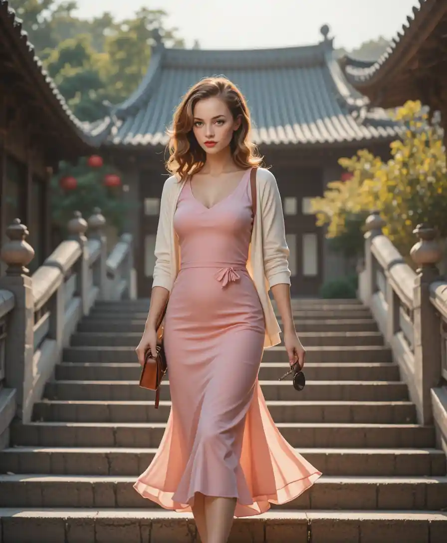 Elegante mujer rubia bajando los escalones de piedra de un templo