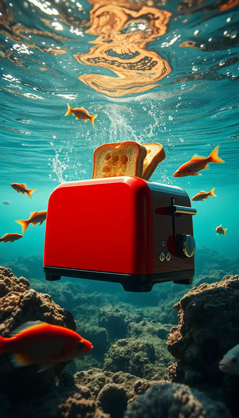 Tostadora roja en una escena surrealista de arrecife de coral submarino