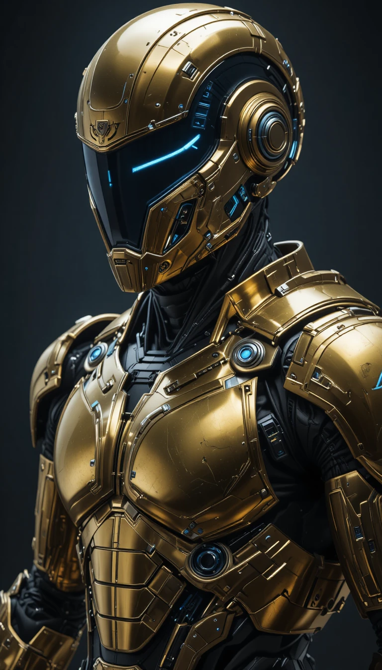 Cyborg corazzato futuristico con dettagli blu luminosi sul casco