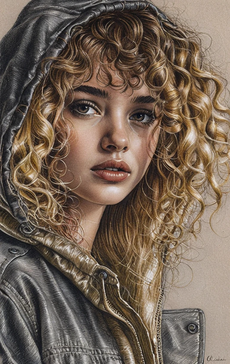 Portrait en graphite d’une jeune femme aux cheveux bouclés