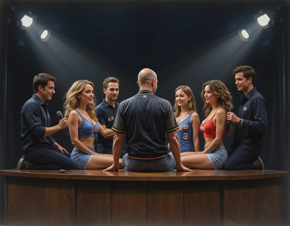 Blonde woman kneeling on wooden table in studio scene