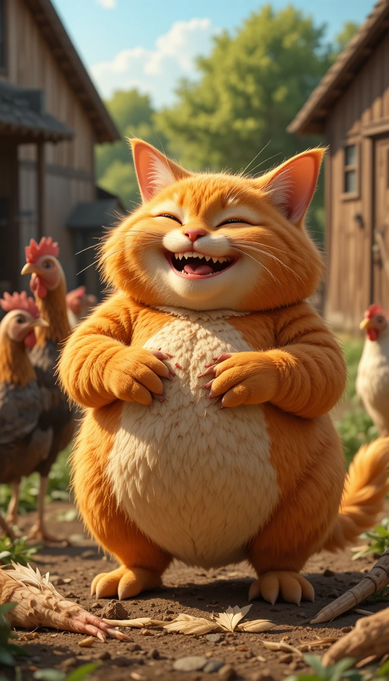 Chubby orange 3D cat teasing a chicken on a sunny farm