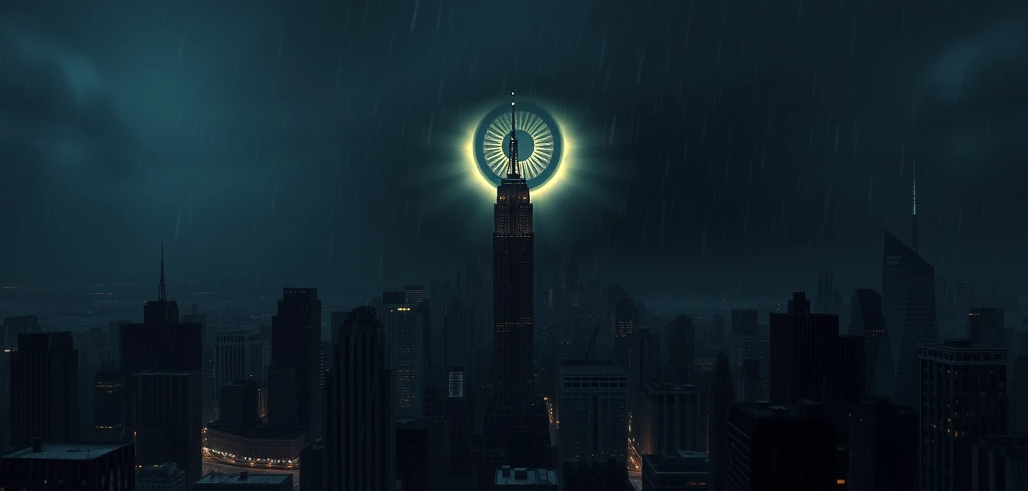Occhio Luminoso che Sovrasta lo Skyline Piovoso di New York