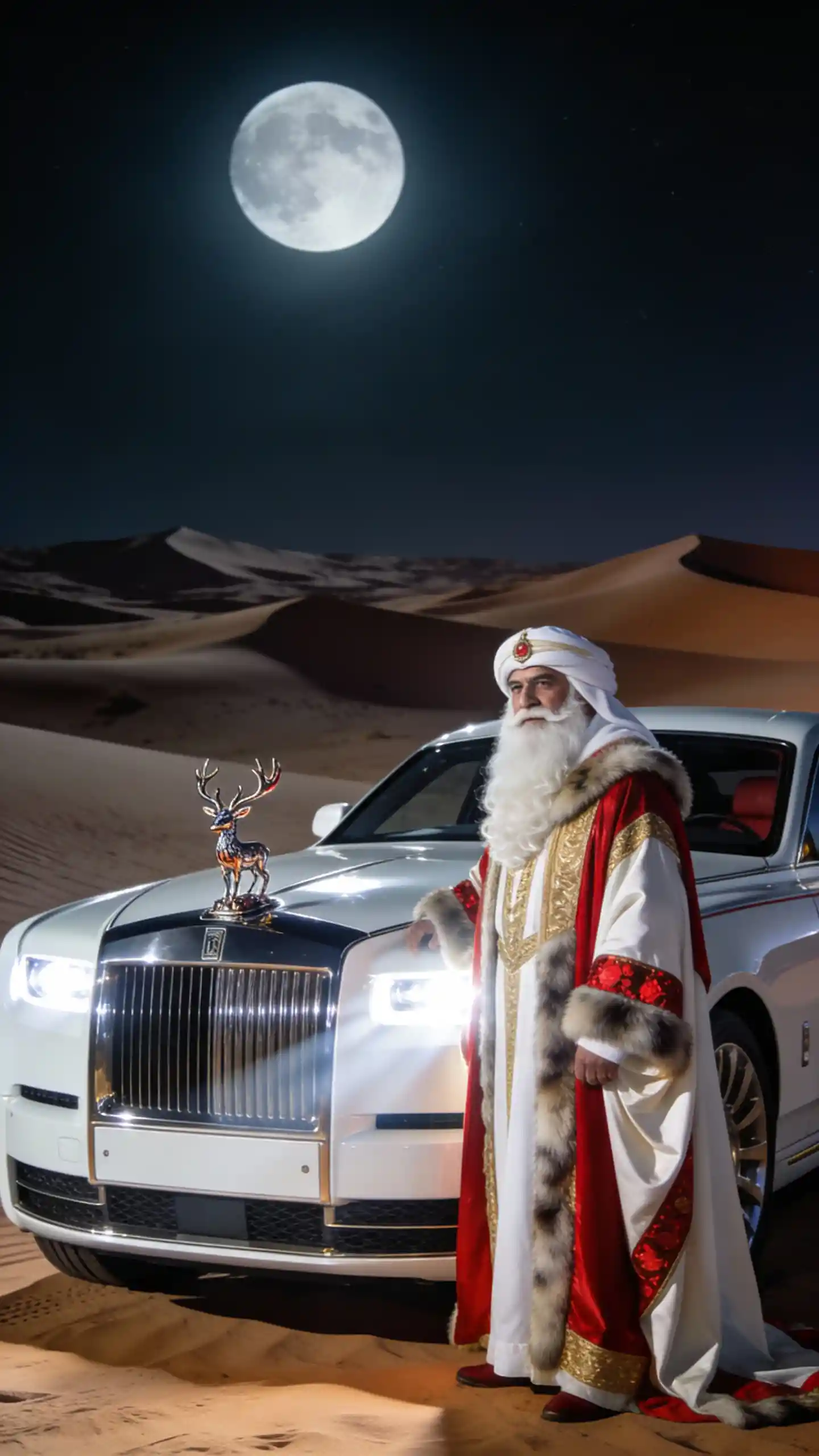 Père Noël arabe près d’une voiture de luxe sur les dunes du désert au clair de lune