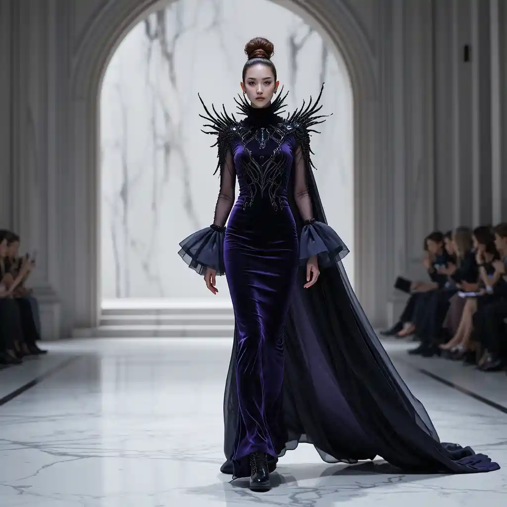 Korean model in purple velvet ferrofluid gown on runway