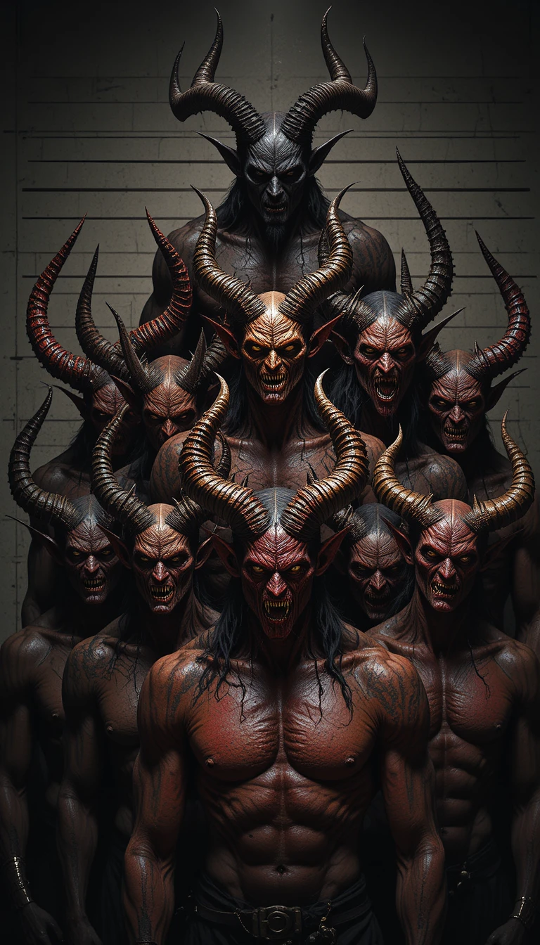 Lineup of horned demons posing for infernal mugshots