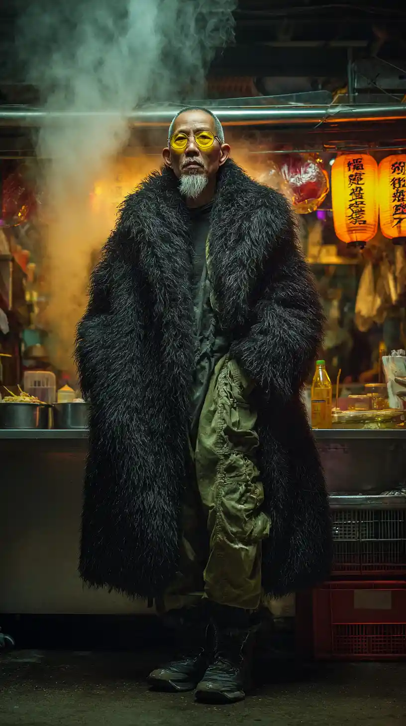 Cyberpunk warlord at a futuristic street food stall