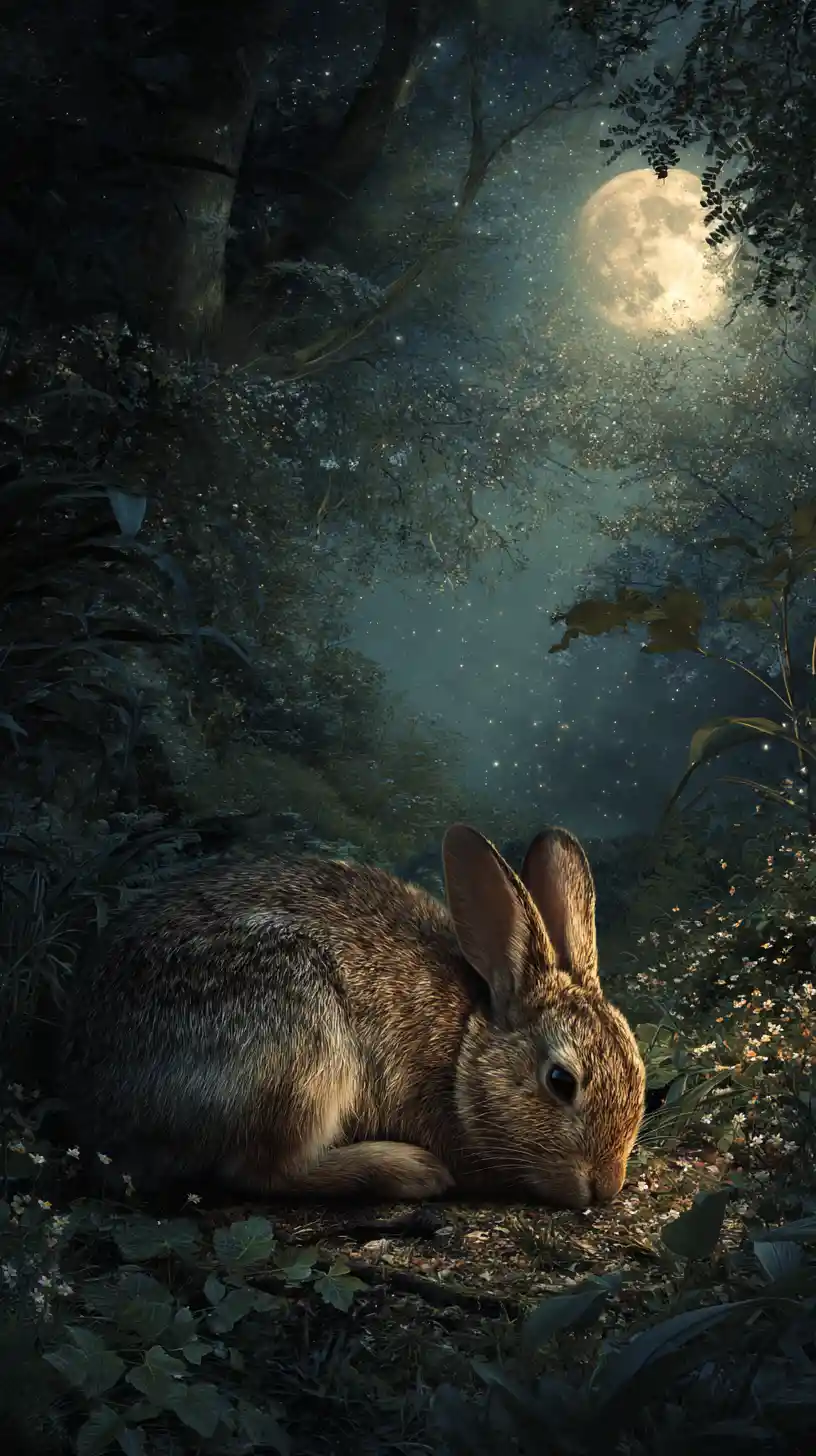 Coniglio che riposa in una silenziosa radura nel bosco illuminata dalla luna