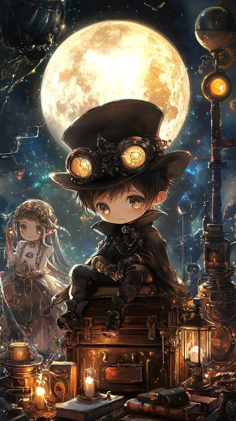 Chibi boy in steampunk hat under a glowing fantasy moon