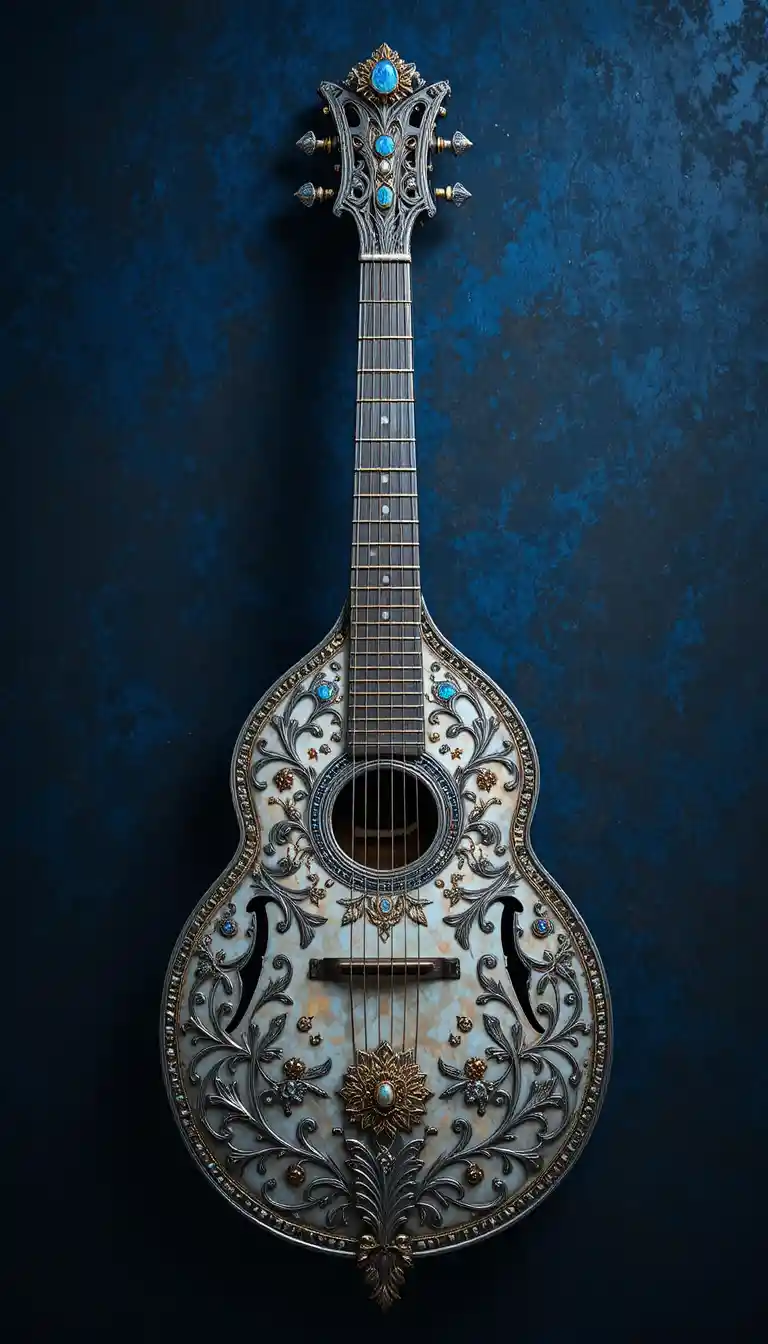 Ornate silver lute with celestial motifs on dark blue background