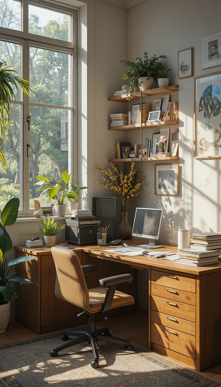 Ruhiges Morgenlicht über einem ordentlich organisierten Homeoffice-Schreibtisch