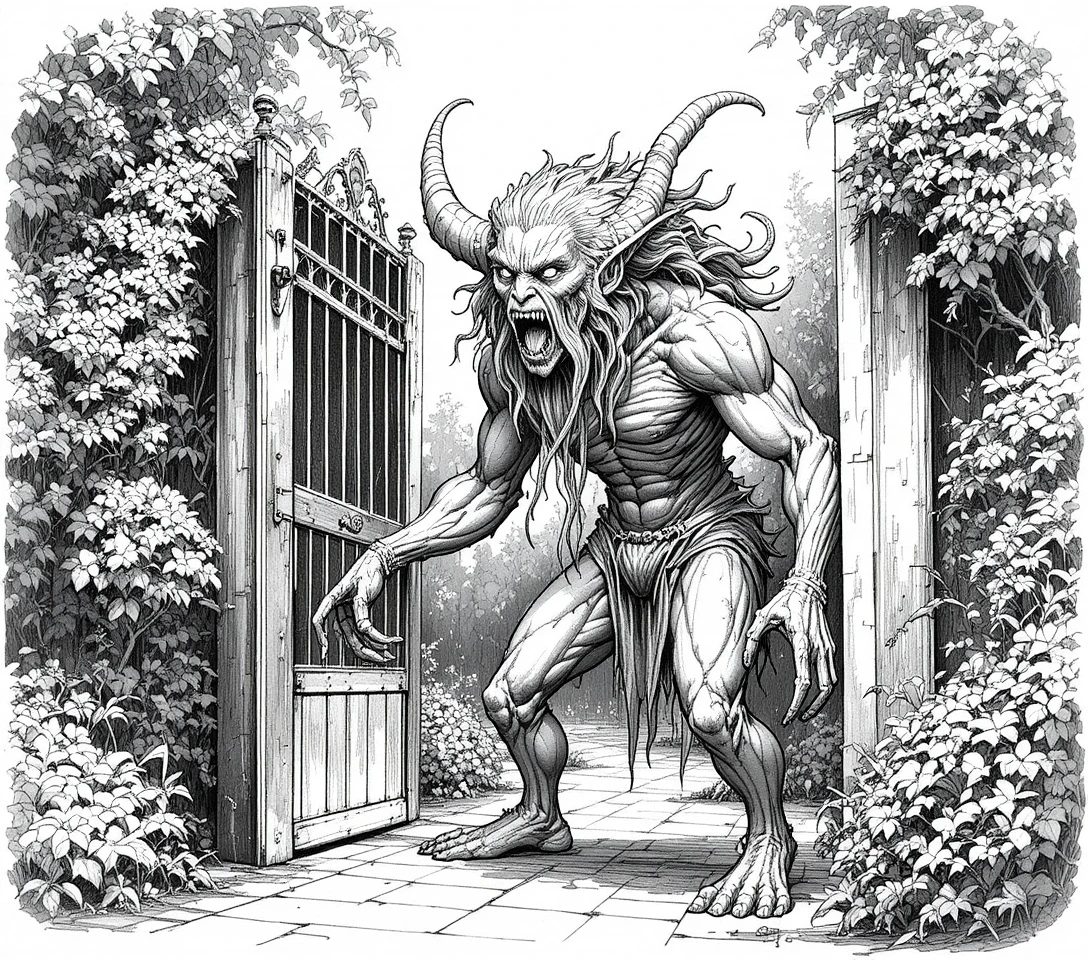 Open iron gate leading to a dim gravel courtyard