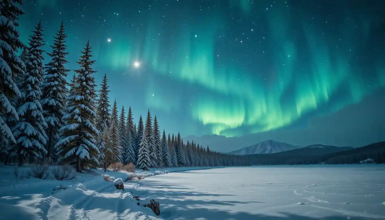 Gefrorener See mit verschneiten Kiefern unter Sternen und Polarlichtern