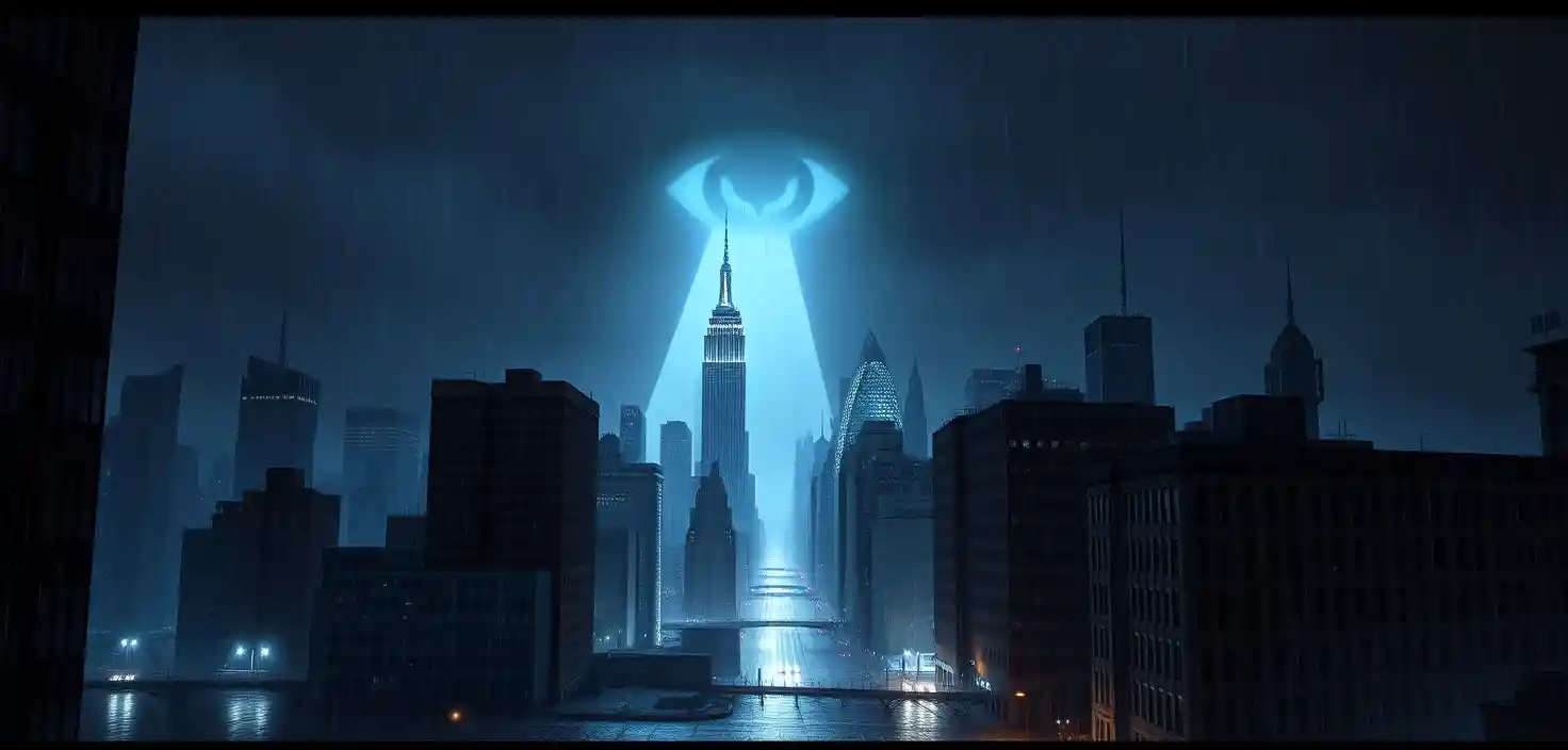 Gigantesco occhio luminoso sulla skyline notturna di New York