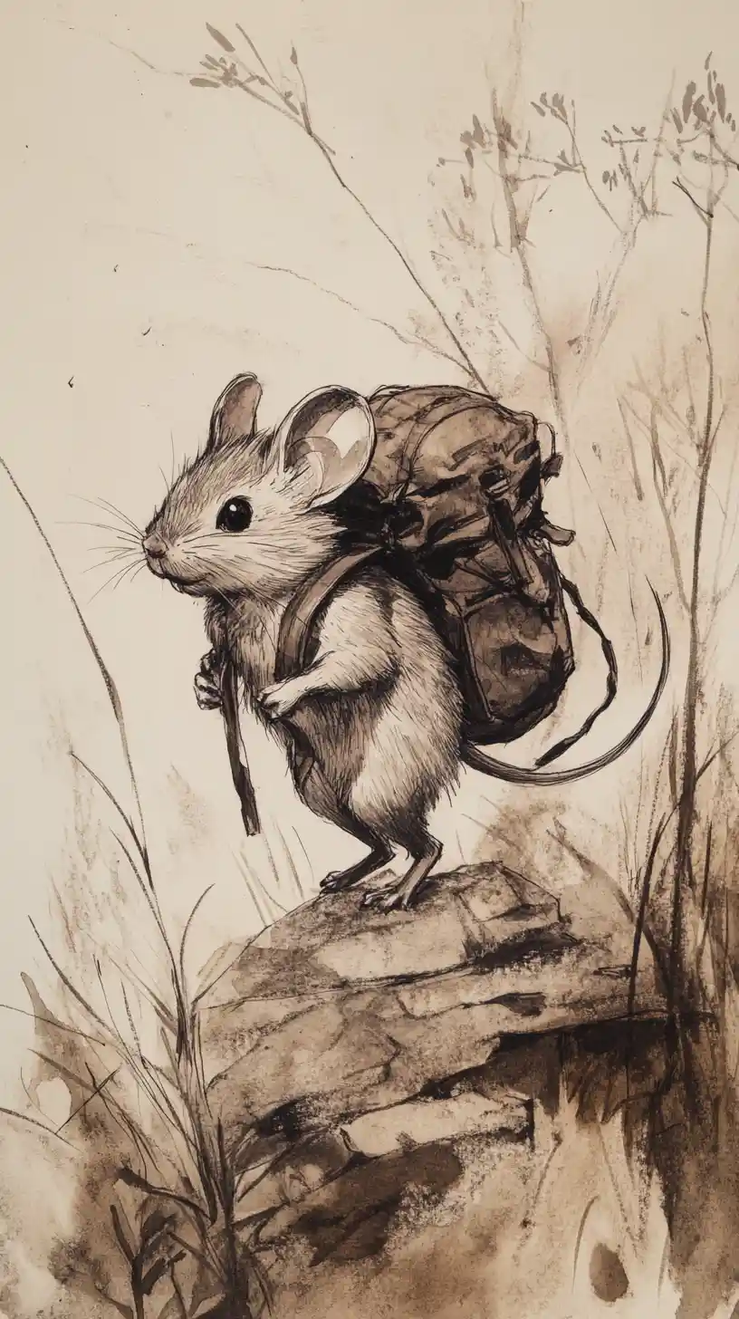 Kleine Maus mit Rucksack, die durch überwuchertes Gras läuft