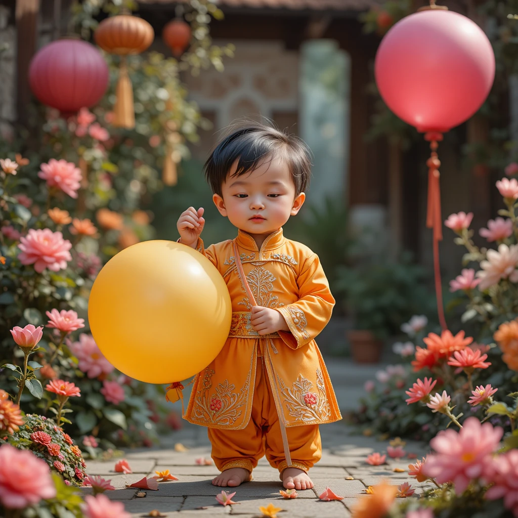 Smiling little girl with balloon in a flower garden