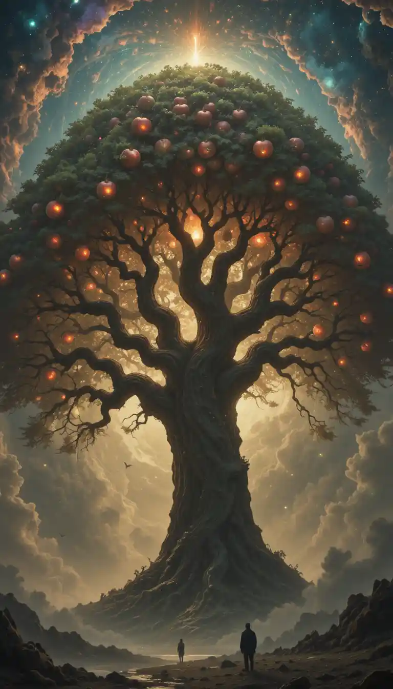 Ancient cosmic apple tree towering within a glowing nebula