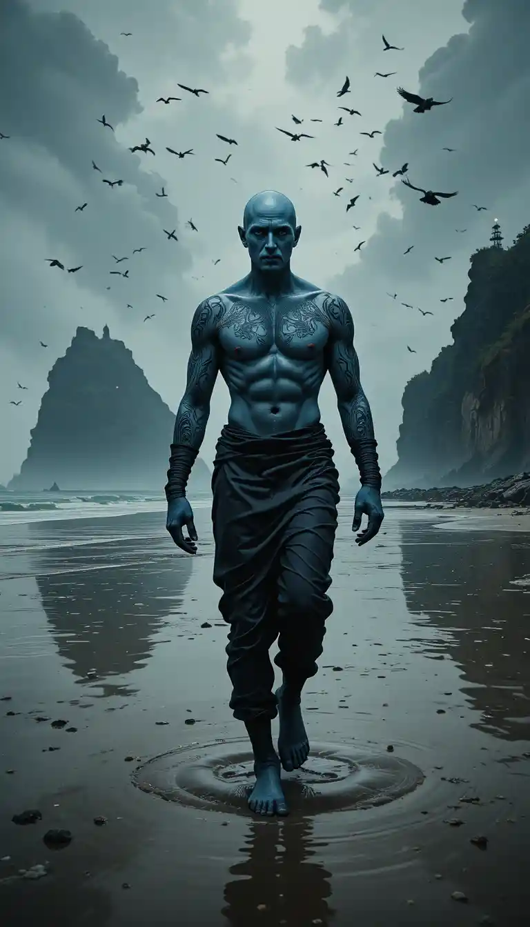 Homme à la peau bleue tatouée marchant sur une plage brumeuse