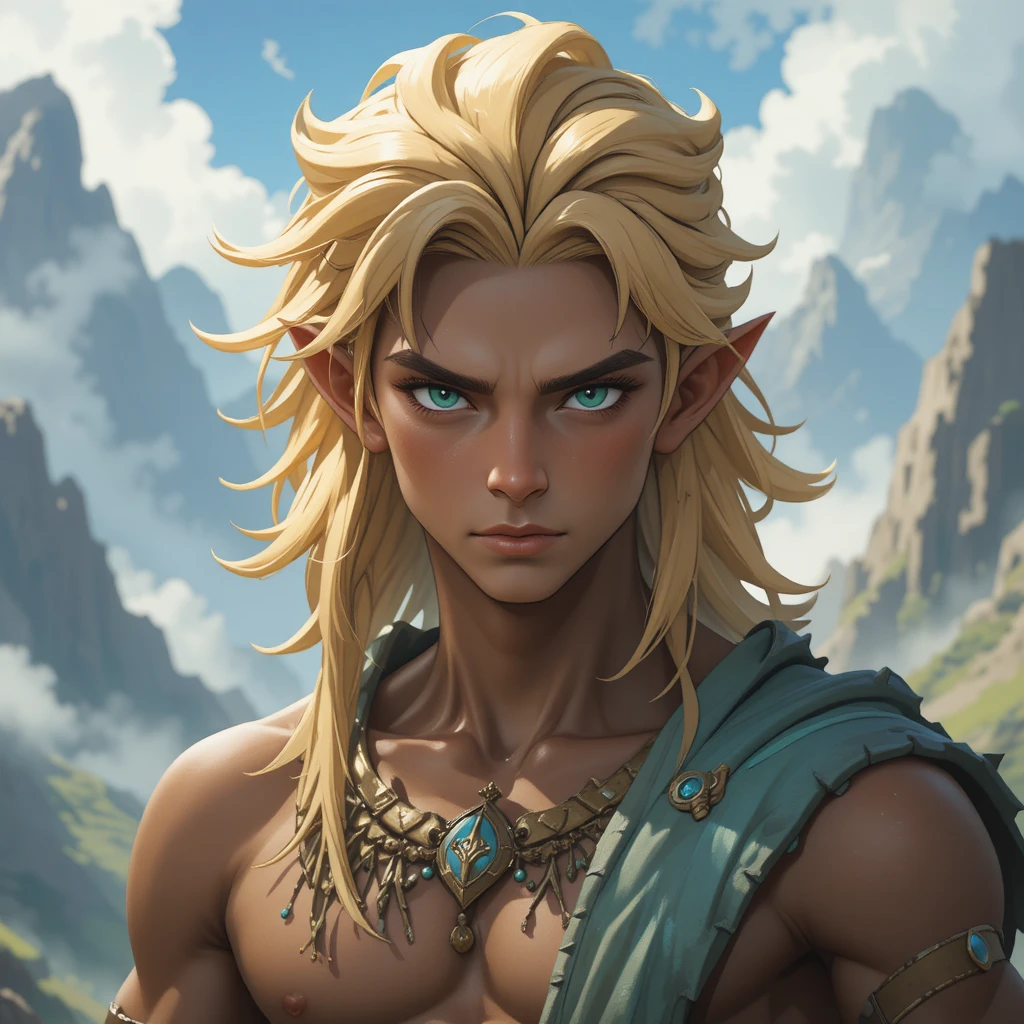 Young turquoise eyed mountain god in a fantasy world