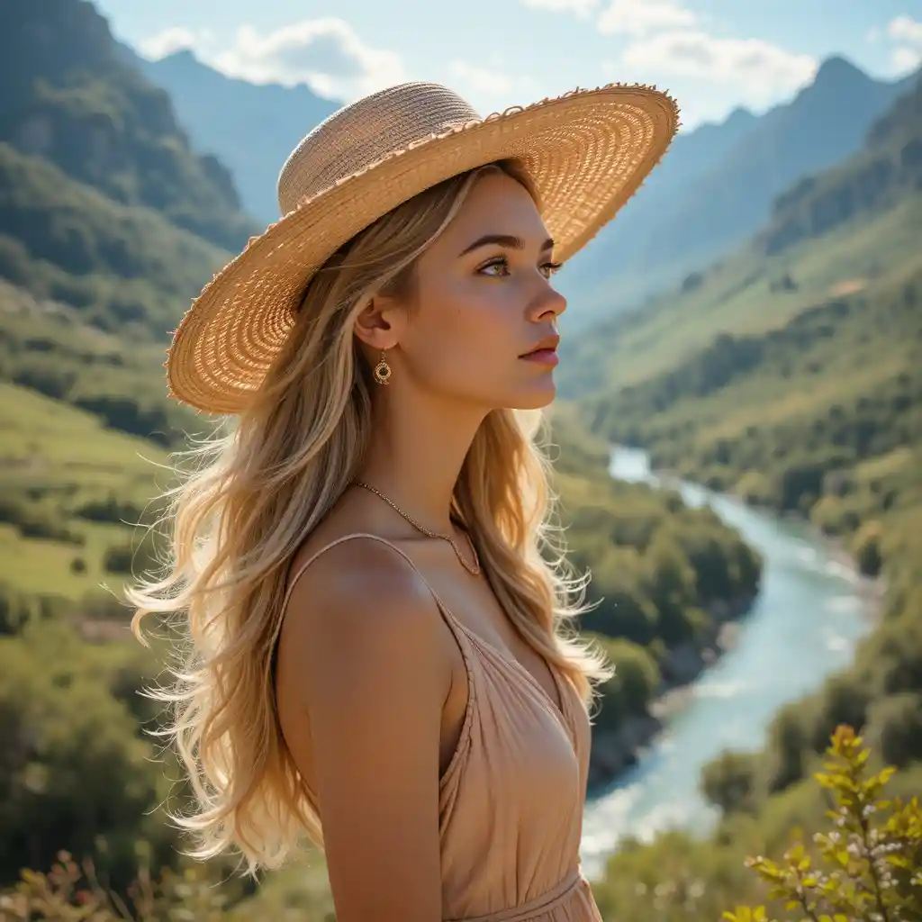 Young woman in straw hat facing a sunny mountain valley