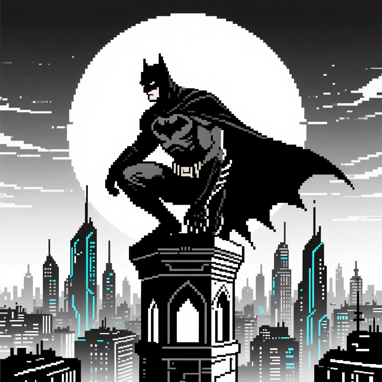 Supereroe in silhouette in pixel art accovacciato su una torre alta