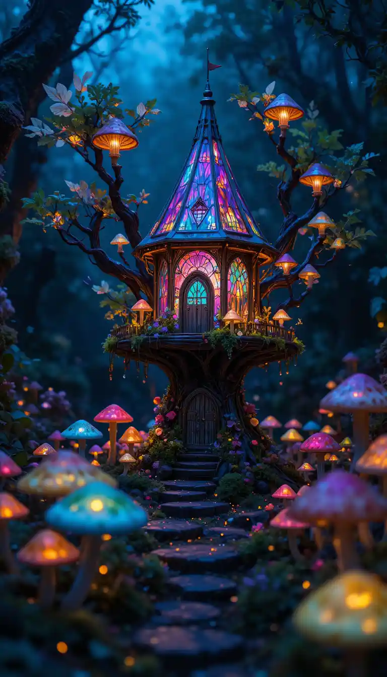 Leuchtendes gläsernes Feen-Baumhaus im dunklen Fantasy-Wald