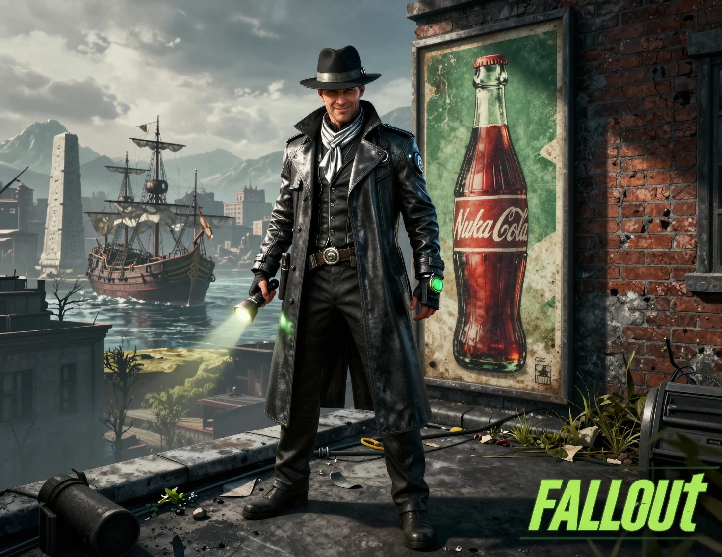 Sci fi detective man on rooftop in ruined city