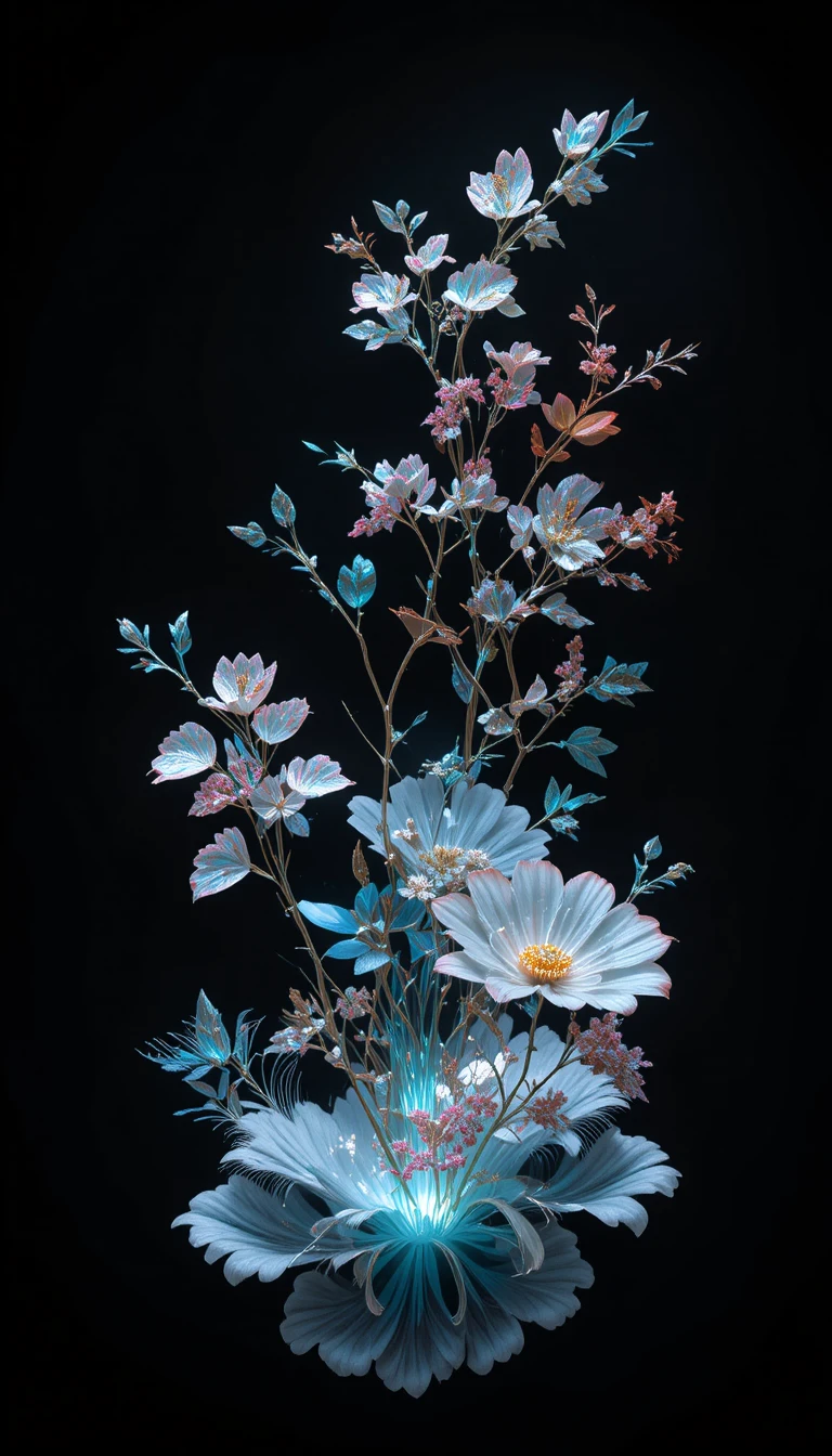 Flores 3D minimalistas inspiradas en ikebana sobre fondo negro