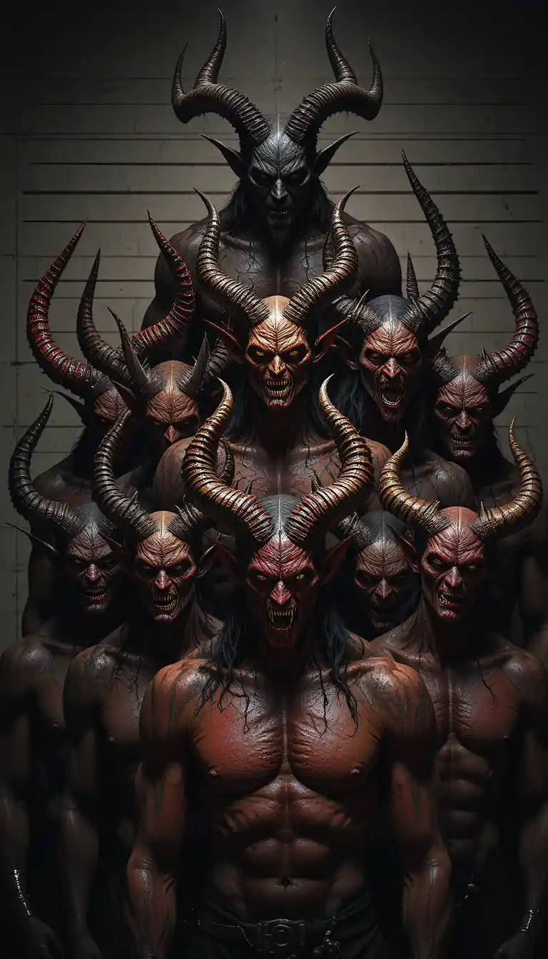 Lineup of horned demons posing for infernal mugshots