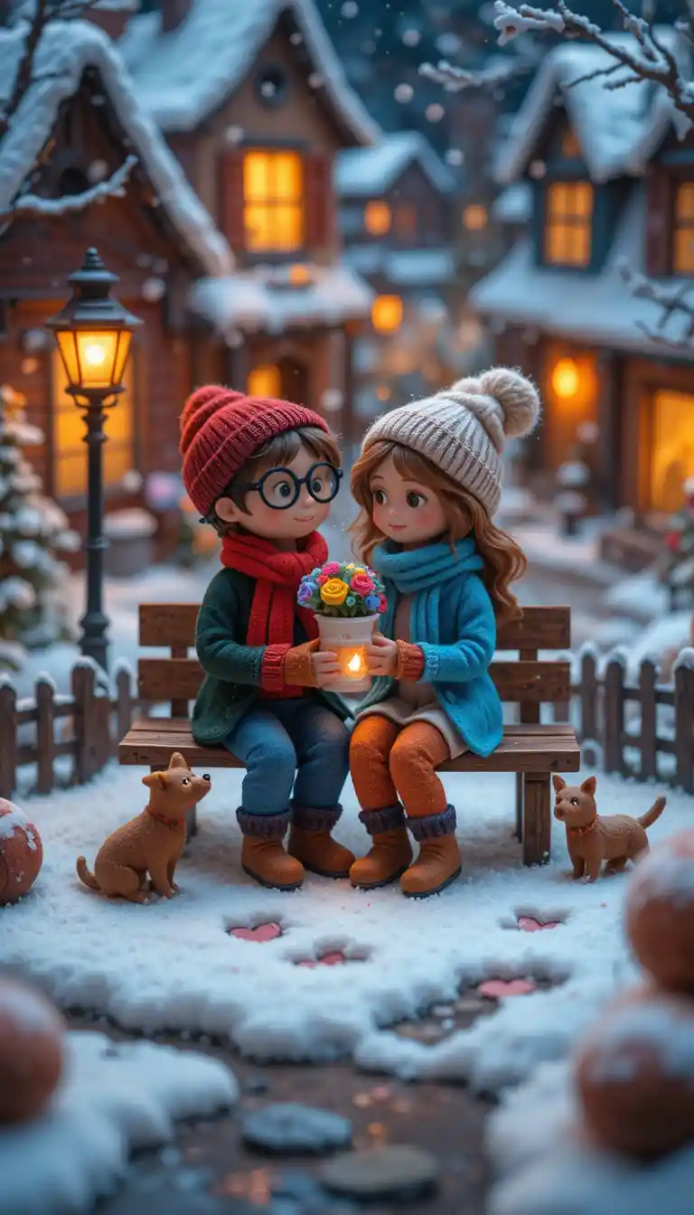 雪中迷你小鎮長椅上的浪漫羊毛氈情侶