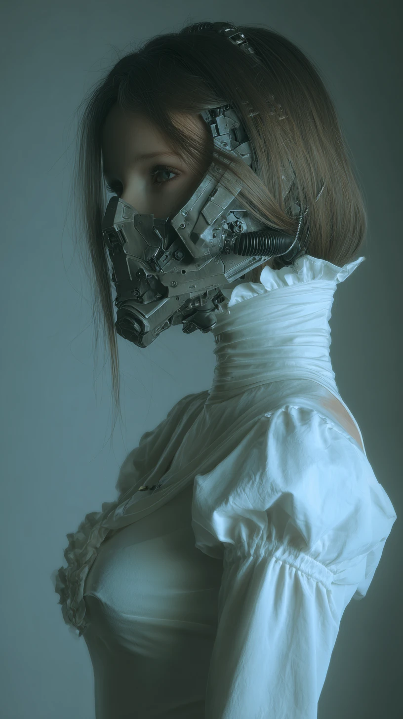 Cyberpunk woman with mechanical neck in white silk dress
