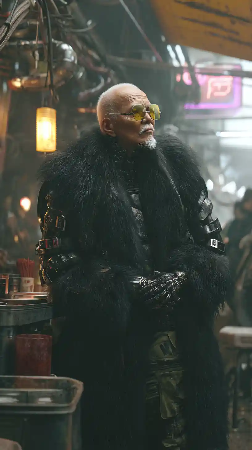 Elderly cyberpunk warlord at a futuristic street food stall