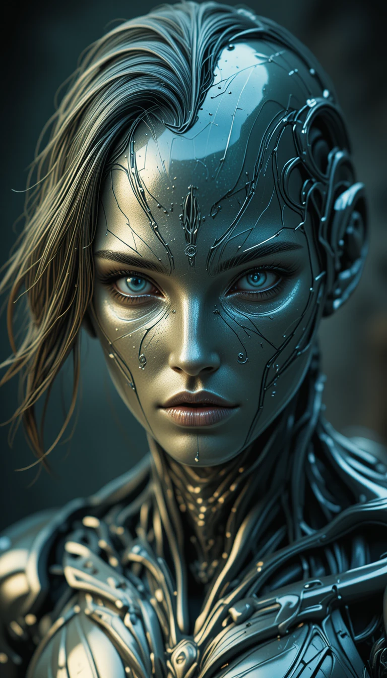 Uomo cyborg minaccioso in verde metallico e cromo argento
