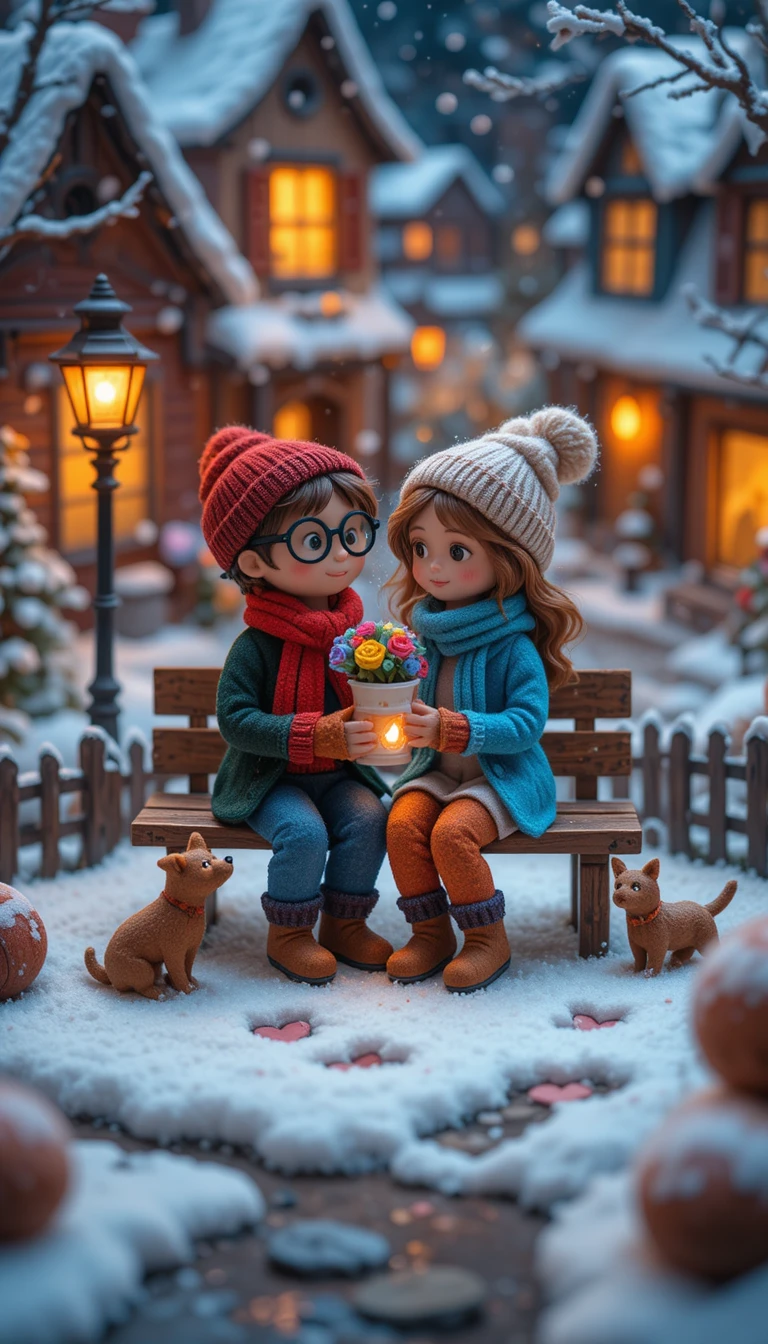 雪中迷你小鎮長椅上的浪漫羊毛氈情侶