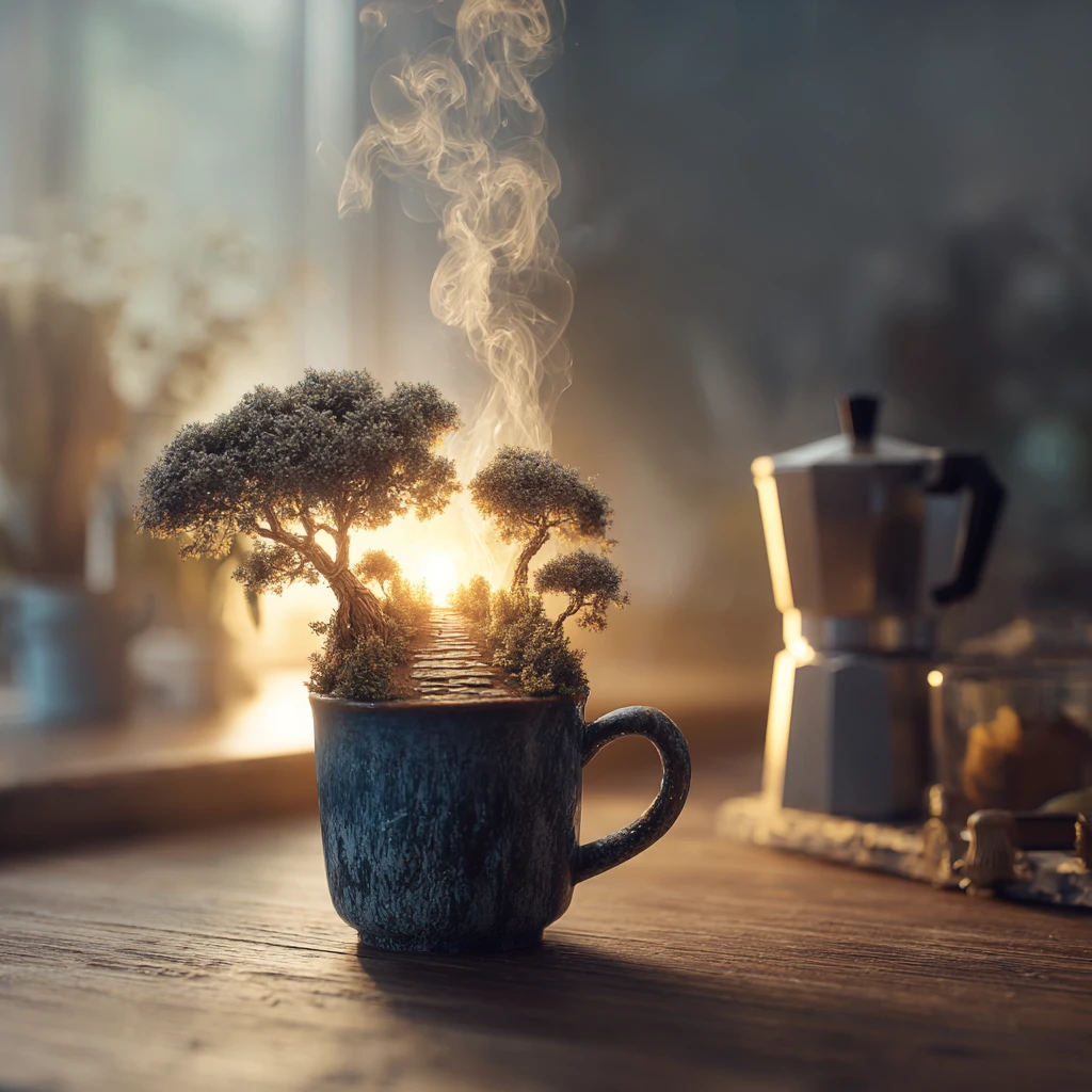Paisaje surreal de bosque en una taza de café sobre una acogedora encimera de cocina