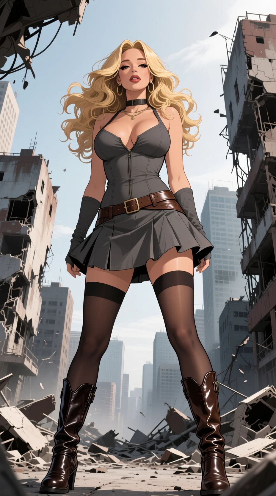 Busty blonde anime woman in a ruined post apocalyptic city