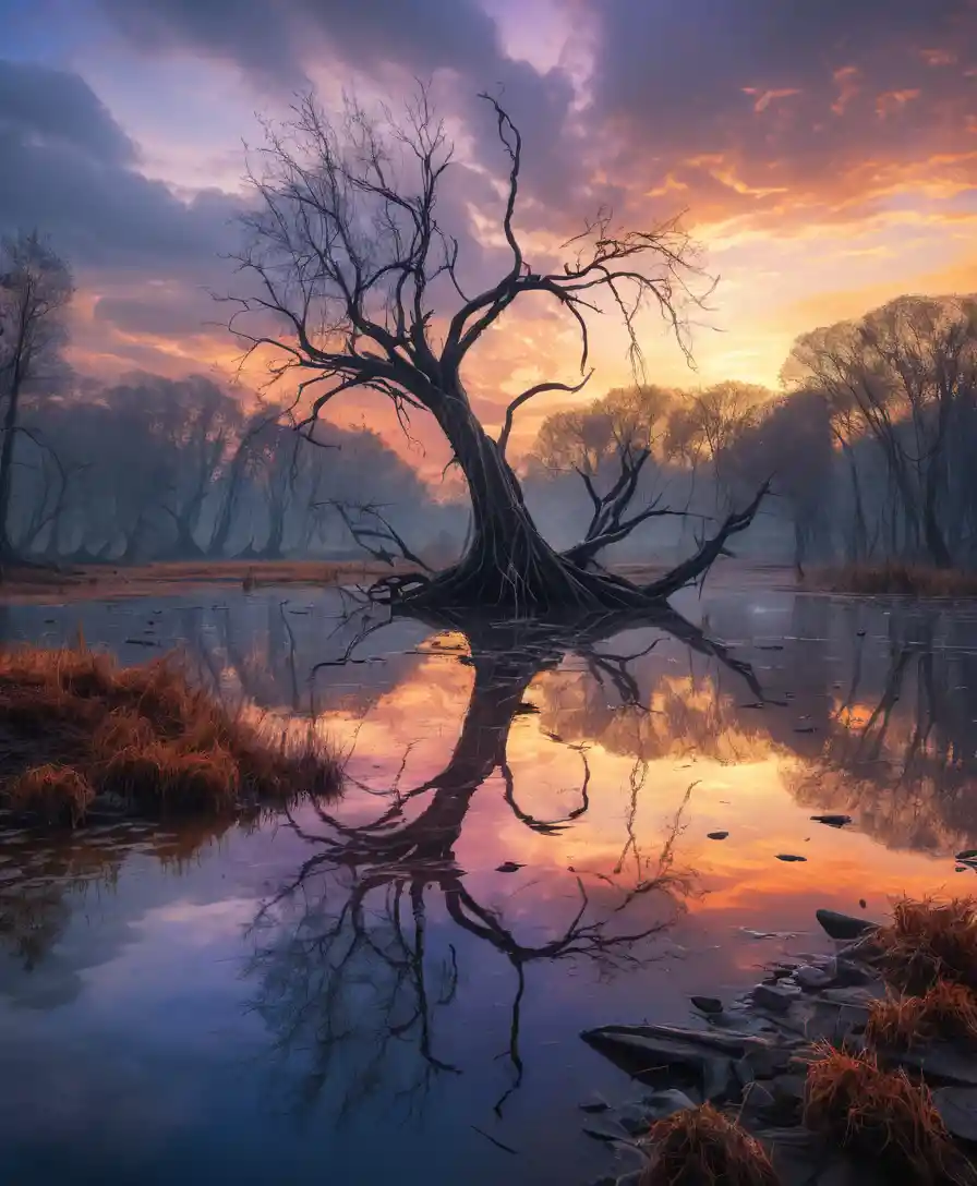 Arbre tordu et sans feuilles près d’un étang silencieux de l’Orénoque au coucher du soleil