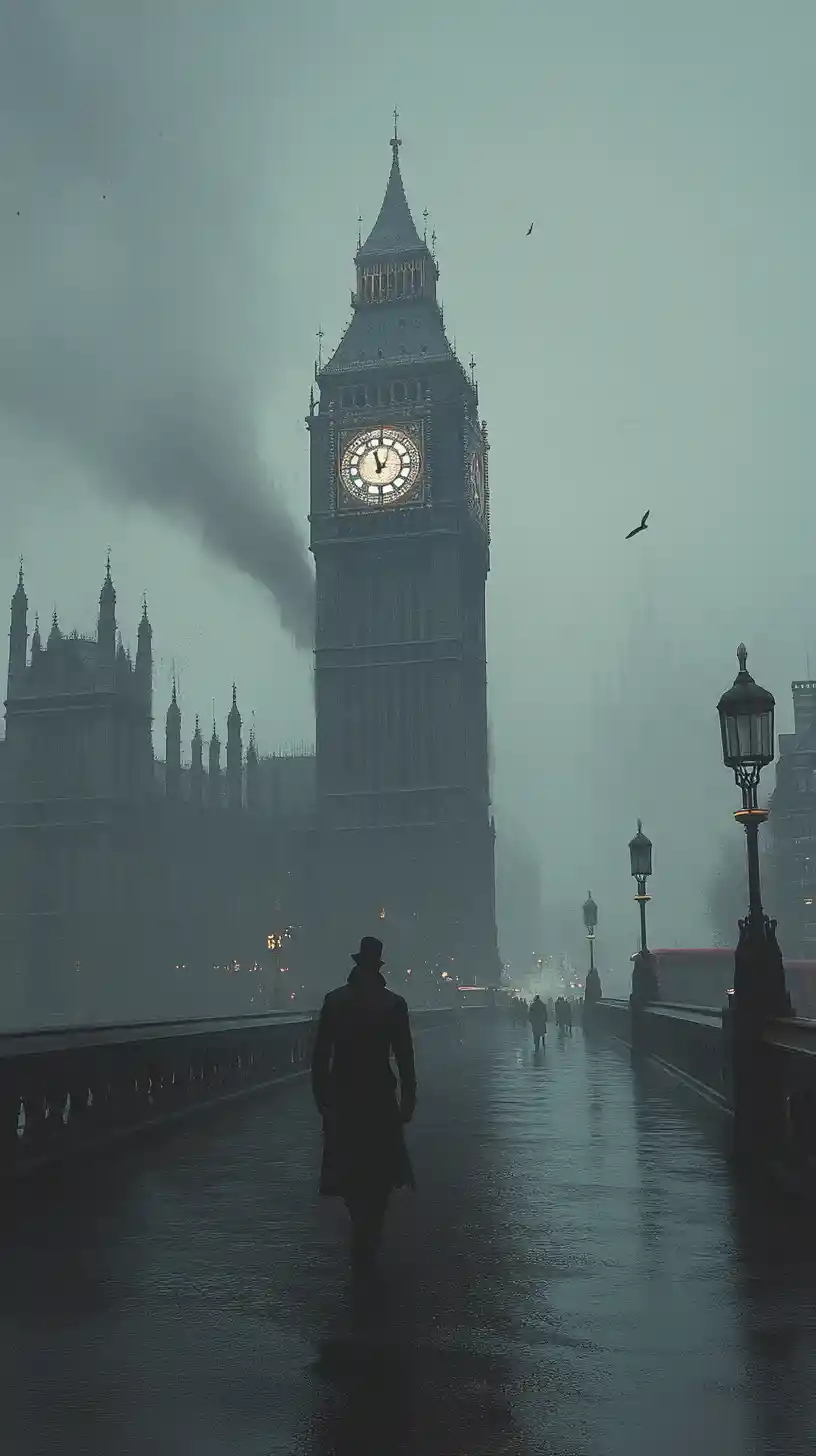Calle de Londres victoriano entre la niebla con torre del reloj a lo lejos
